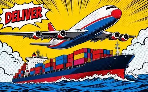 Expeditors International US3021301094 – Pop-Art-Comic mit Frachtflugzeug und Containerschiff in kräftigen Primärfarben und Halbtonraster - Foto: THN