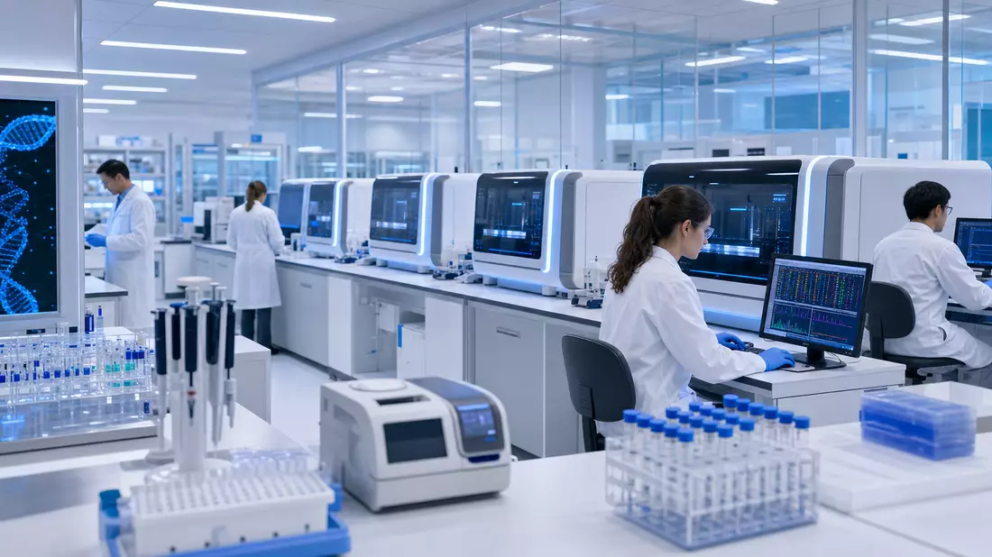 Wissenschaftlerinnen analysieren Krebsproben in einem modernen Diagnostiklabor von Exact Sciences