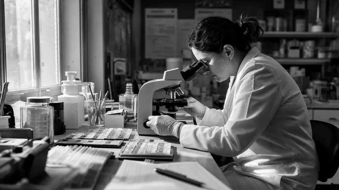 Schwarz-Weiß-Reportage einer Pathologin am Mikroskop im Diagnostiklabor von Exact Sciences