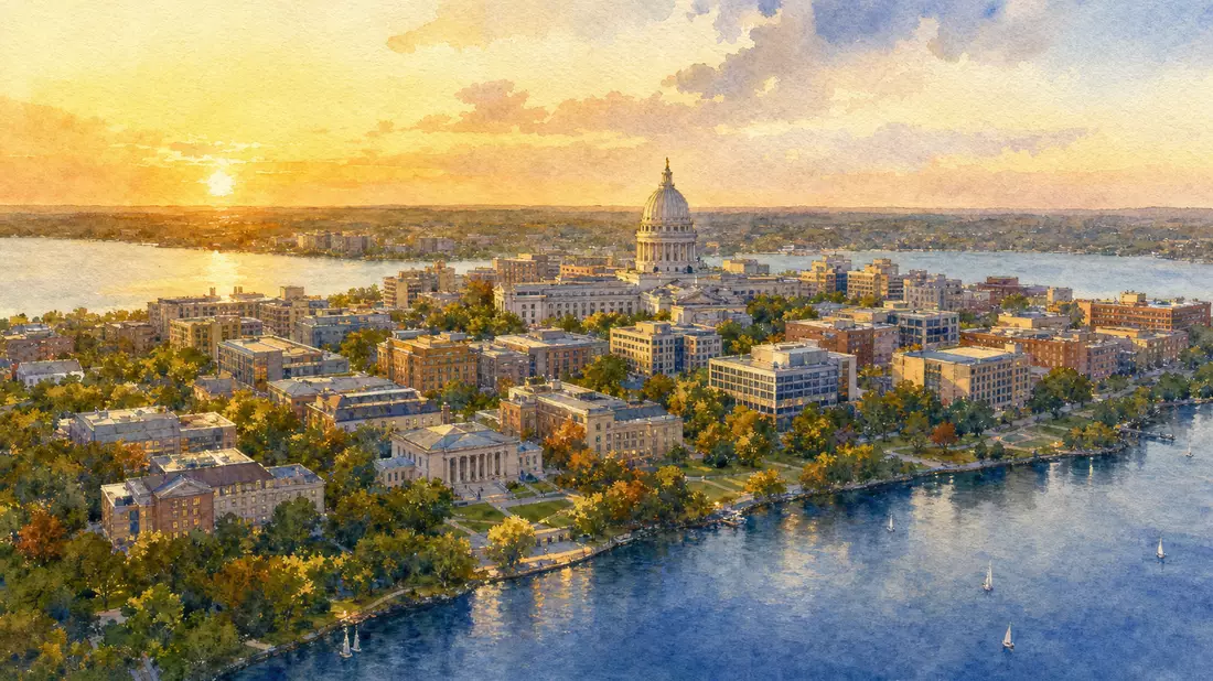Aquarellgemälde der Skyline von Madison Wisconsin, Heimatstadt von Exact Sciences Corp