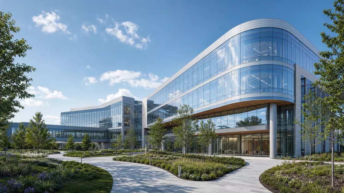 Architektonisches 3D-Render eines modernen Biotechnologie-Forschungscampus von Exact Sciences Corp