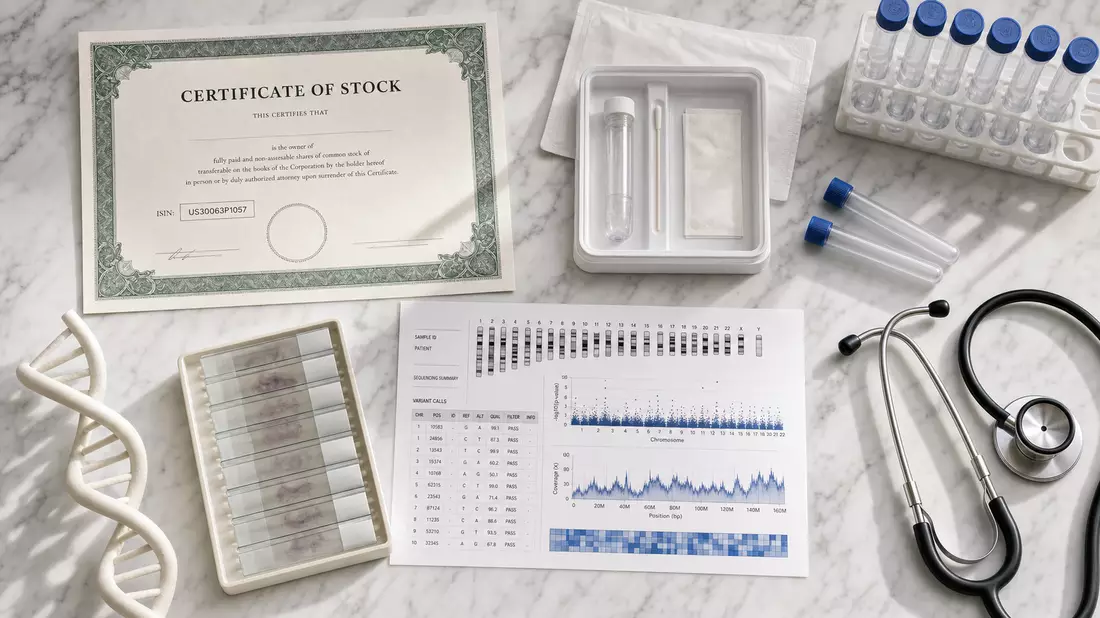Flatlay mit Aktienzertifikat ISIN US30063P1057, Laborröhrchen, DNA-Modell und Stethoskop