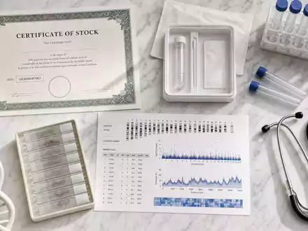 Exact Sciences Corp. Aktie US30063P1057 im Flatlay mit Aktienzertifikat und diagnostischen Laborutensilien - Foto: THN
