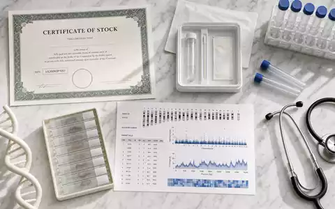 Exact Sciences Corp. Aktie US30063P1057 im Flatlay mit Aktienzertifikat und diagnostischen Laborutensilien - Foto: THN