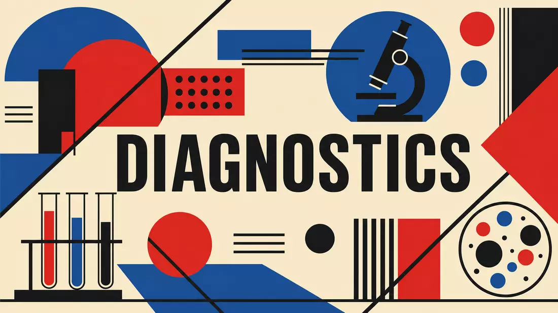 Geometrisches Bauhaus-Poster mit dem Schriftzug DIAGNOSTICS für Exact Sciences Corp. US30063P1057