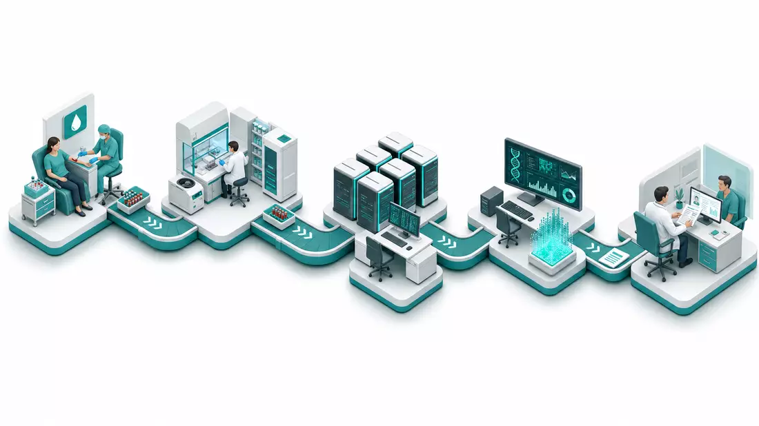 Isometrisches 3D-Diagramm der Diagnostik-Wertschöpfungskette von Exact Sciences Corp. US30063P1057