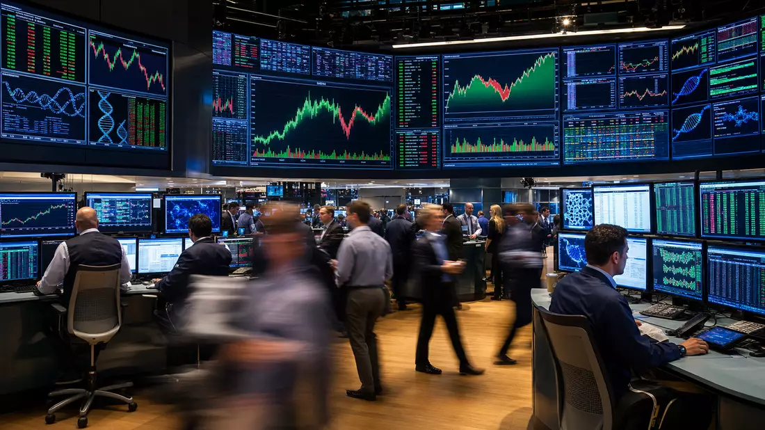 Börsen-Editorial: NASDAQ-Trading-Floor mit Kurs-Screens für Exact Sciences Corp. US30063P1057