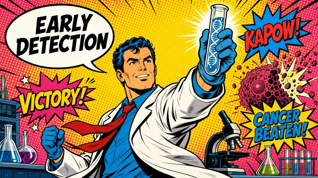 Pop-Art-Comic mit Wissenschaftler und Früherkennung-Botschaft passend zu Exact Sciences US30063P1057