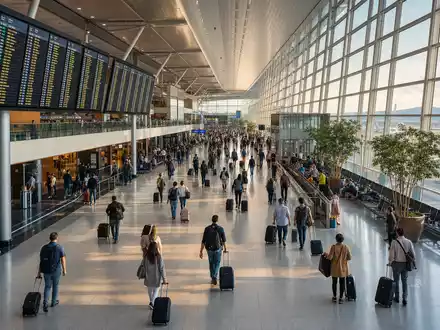 Expedia Group Inc. US30212P3038 – Reisende im modernen internationalen Flughafenterminal mit Abflugtafeln - Foto: THN