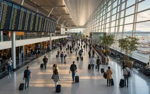 Expedia Group Inc. US30212P3038 – Reisende im modernen internationalen Flughafenterminal mit Abflugtafeln - Foto: THN