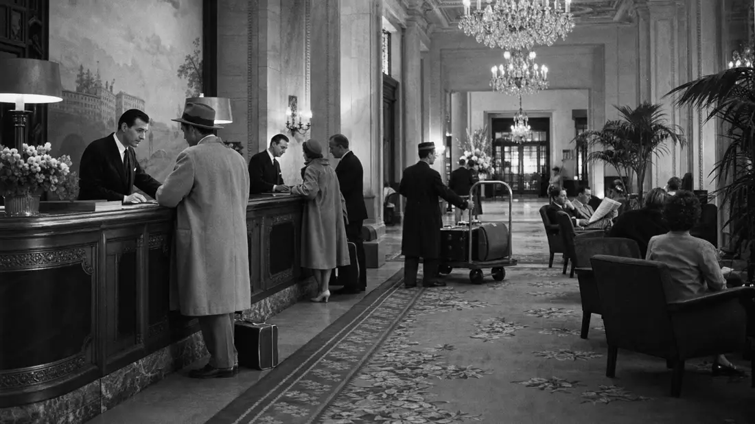 Schwarz-Weiß-Foto einer klassischen Hotellobby mit Rezeption und Gästen beim Check-in
