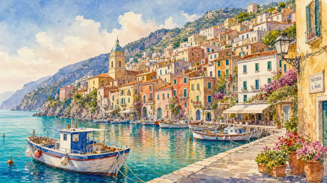 Aquarell einer bunten mediterranen Küstenstadt mit Hafen, Booten und Terrakottadächern