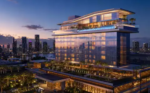 Expedia Group Inc. US30212P3038 – Architektur-Render eines modernen Luxushotels mit Dachpool bei Abenddämmerung - Foto: THN