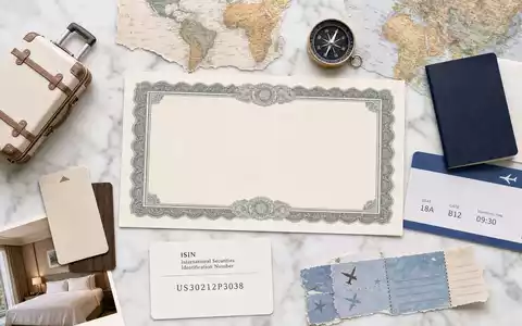 Expedia Group Inc. US30212P3038 – Flatlay mit Aktienzertifikat, ISIN-Karte und Reise-Utensilien auf Marmor - Foto: THN