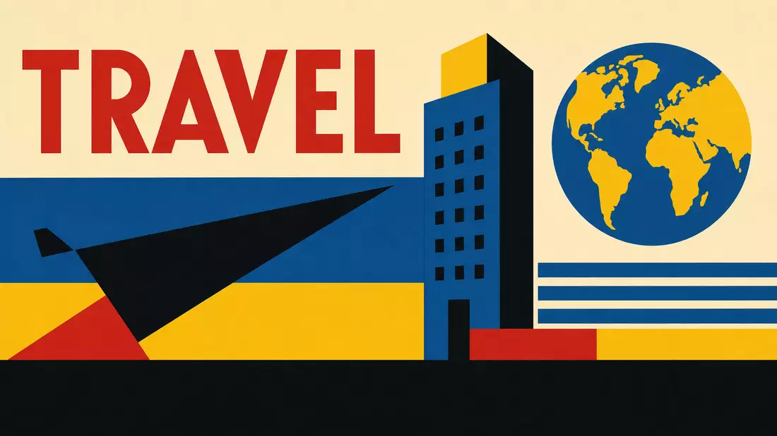 Geometrisches Bauhaus-Poster mit Flugzeug, Hotelturm und Weltkugel in Primärfarben