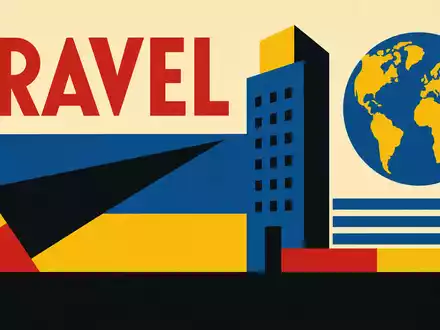 Expedia Group Inc. US30212P3038 – Geometrisches Bauhaus-Poster mit abstrakten Reisesymbolen, Flugzeug und TRAVEL-Typografie - Foto: THN