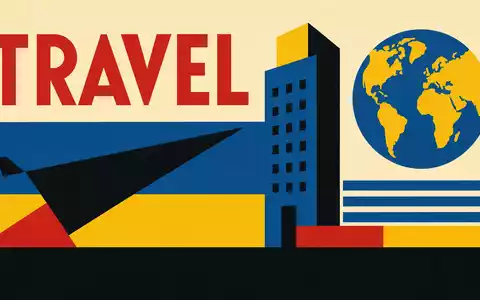 Expedia Group Inc. US30212P3038 – Geometrisches Bauhaus-Poster mit abstrakten Reisesymbolen, Flugzeug und TRAVEL-Typografie - Foto: THN