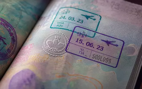 Expedia Group Inc. US30212P3038 – Extreme Makroaufnahme bunter Reisepass-Visastempel mit farbigen Hologrammdetails und Prägungen - Foto: THN