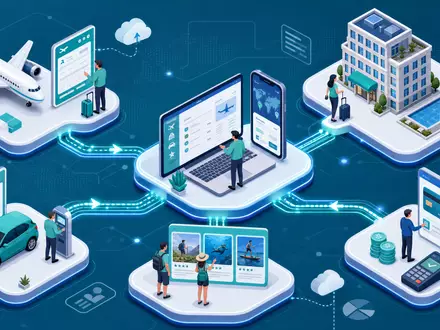 Expedia Group Inc. US30212P3038 – Isometrisches 3D-Diagramm der digitalen Online-Reisebuchungs-Wertschöpfungskette mit Flug und Hotel - Foto: THN