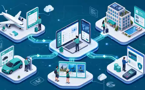 Expedia Group Inc. US30212P3038 – Isometrisches 3D-Diagramm der digitalen Online-Reisebuchungs-Wertschöpfungskette mit Flug und Hotel - Foto: THN