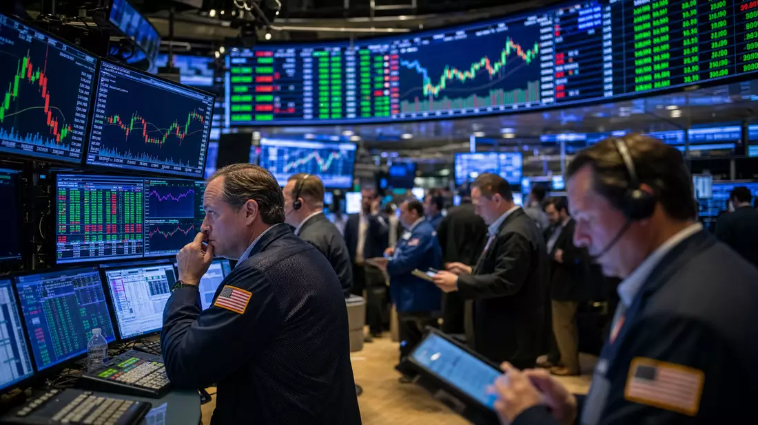 Börsen-Handelsraum mit Tradern vor Monitoren, Travel-Sektor-Kurscharts auf NASDAQ-Anzeigen