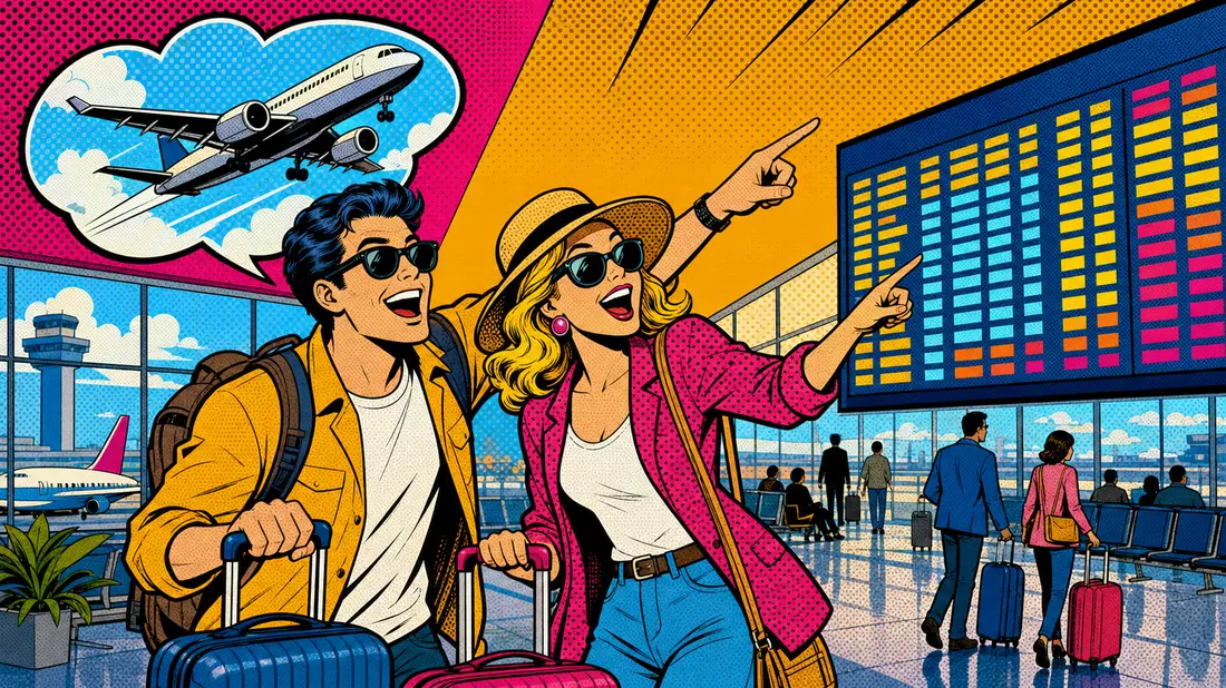 Bunter Pop-Art-Comic mit lachenden Reisenden am Flughafen, Koffern und Abflugtafel