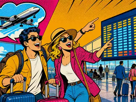 Expedia Group Inc. US30212P3038 – Pop-Art-Comic fröhlicher Reisender am Flughafen mit Abflugtafel - Foto: THN