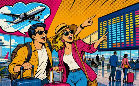 Expedia Group Inc. US30212P3038 – Pop-Art-Comic fröhlicher Reisender am Flughafen mit Abflugtafel - Foto: THN
