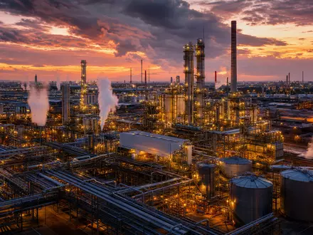 Evonik Industries DE000EVNK013 zeigt ein fotorealistisches Luftbild eines großen Spezialchemiewerks bei Abenddämmerung - Foto: THN