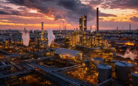 Evonik Industries DE000EVNK013 zeigt ein fotorealistisches Luftbild eines großen Spezialchemiewerks bei Abenddämmerung - Foto: THN