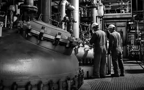 Evonik Industries DE000EVNK013 in einer dokumentarischen Schwarzweiß-Reportage von Arbeitern an industriellen Chemikalienbehältern - Foto: THN