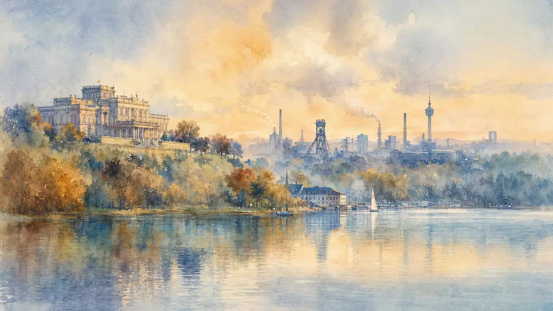 Aquarellmalerei der Essener Skyline mit Villa Hügel und Industriesilhouetten am Baldeneysee