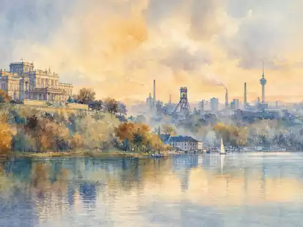 Evonik Industries DE000EVNK013 als Aquarellmalerei der Essener Stadtlandschaft mit Industriesilhouette am Baldeneysee - Foto: THN