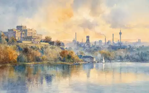 Evonik Industries DE000EVNK013 als Aquarellmalerei der Essener Stadtlandschaft mit Industriesilhouette am Baldeneysee - Foto: THN