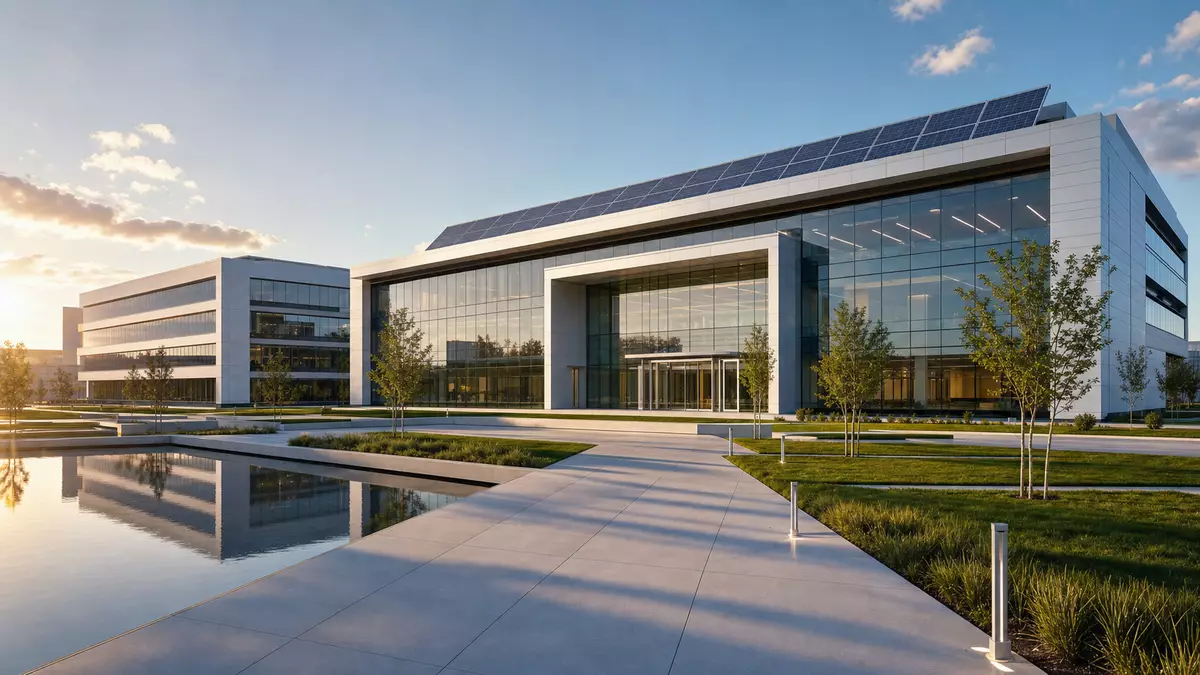 Architektur-CGI-Render eines modernen Chemiekonzern-Campus mit Glas-Stahl-Fassade und Solaranlage