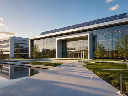 Evonik Industries DE000EVNK013 als Architektur-Render eines modernen Konzernhauptsitzes mit Glasfassade und Solaranlage - Foto: THN