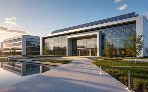 Evonik Industries DE000EVNK013 als Architektur-Render eines modernen Konzernhauptsitzes mit Glasfassade und Solaranlage - Foto: THN
