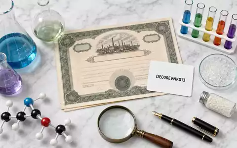 Evonik Industries DE000EVNK013 als Flatlay mit Aktienzertifikat, ISIN-Karte und Chemielabor-Utensilien auf Marmor - Foto: THN