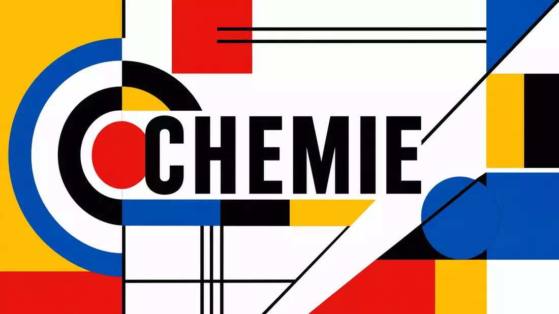 Geometrisches Bauhaus-Poster mit fettem Text CHEMIE in Primärfarben Rot Gelb Blau nach 1920er Stil