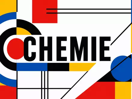Evonik Industries DE000EVNK013 als geometrisches Bauhaus-Poster mit dem Sektor-Text CHEMIE in leuchtenden Primärfarben - Foto: THN