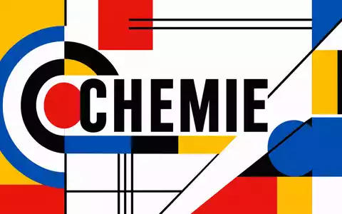 Evonik Industries DE000EVNK013 als geometrisches Bauhaus-Poster mit dem Sektor-Text CHEMIE in leuchtenden Primärfarben - Foto: THN