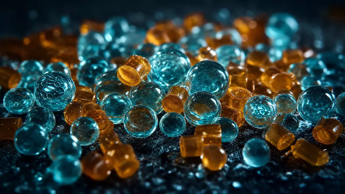 Extreme Makrofotografie transparenter Silikagelkugeln und Polymerpartikel auf schwarzem Hintergrund