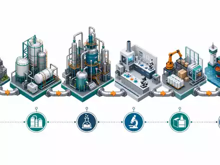 Evonik Industries DE000EVNK013 als isometrisches 3D-Diagramm der Spezialchemie-Wertschöpfungskette von Rohstoff bis Vertrieb - Foto: THN