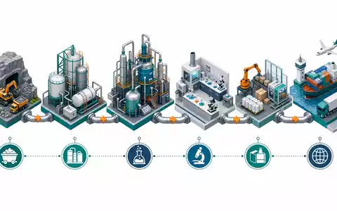 Evonik Industries DE000EVNK013 als isometrisches 3D-Diagramm der Spezialchemie-Wertschöpfungskette von Rohstoff bis Vertrieb - Foto: THN