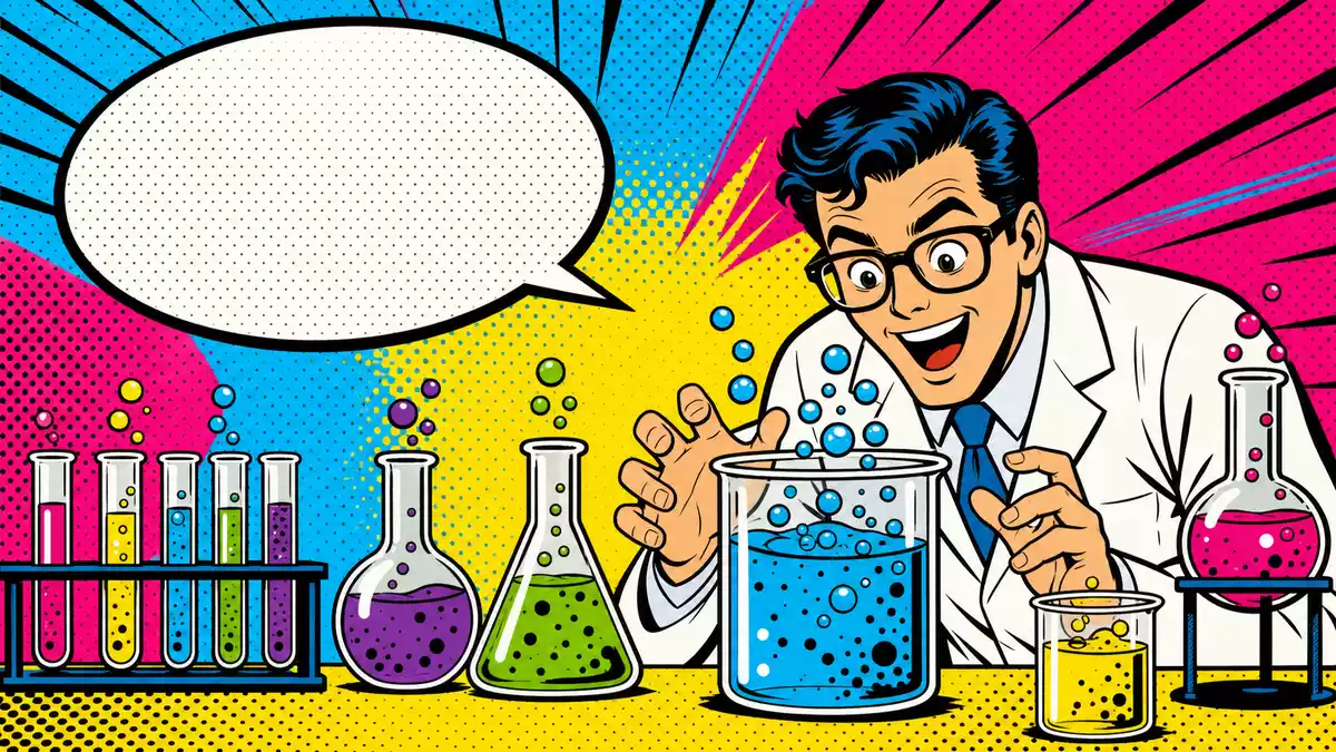 Buntes Pop-Art-Comic im Lichtenstein-Stil mit Laborwissenschaftler und farbig brodelnden Reagenzgläsern