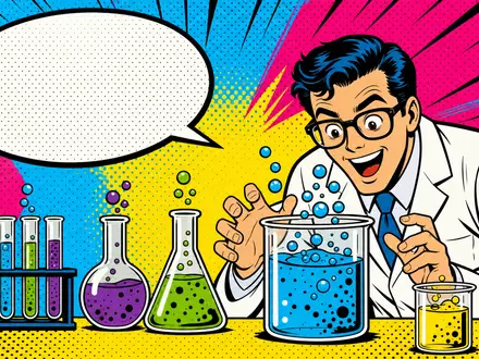 Evonik Industries DE000EVNK013 als bunter Pop-Art-Comic eines begeisterten Laborwissenschaftlers mit farbigen Reagenzgläsern - Foto: THN