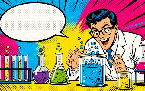 Evonik Industries DE000EVNK013 als bunter Pop-Art-Comic eines begeisterten Laborwissenschaftlers mit farbigen Reagenzgläsern - Foto: THN
