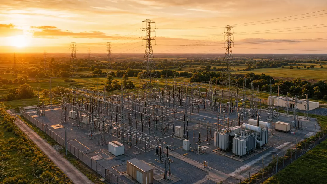 Fotorealistisches Umspannwerk mit Hochspannungsmasten bei Sonnenuntergang, Exelon Corp