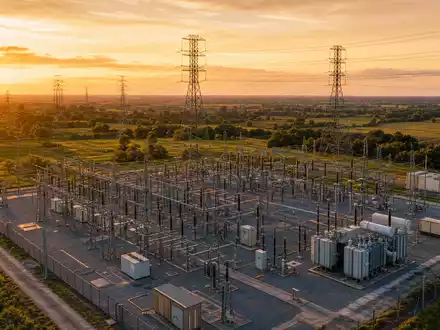 Exelon Corp. betreibt ein großes Umspannwerk bei goldenem Sonnenuntergang, ISIN US30161N1019, weitläufige Energieinfrastruktur - Foto: THN
