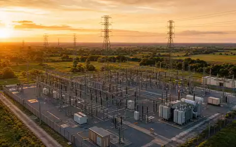 Exelon Corp. betreibt ein großes Umspannwerk bei goldenem Sonnenuntergang, ISIN US30161N1019, weitläufige Energieinfrastruktur - Foto: THN
